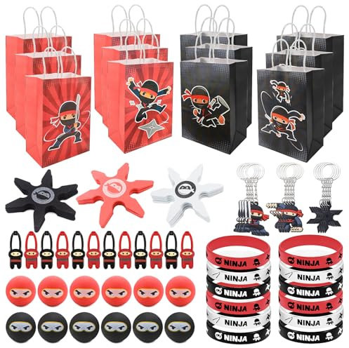 TUZHE 72 Stück Ninja Party Mitgebsel Kindergeburtstag | Ninja Hüpfbälle Silikon Armbänder Fingerschleuder Geschenketüte Schlüsselanhänger für Jungen Ninja Themed Party