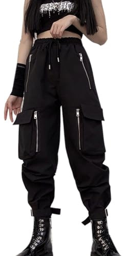 YINGWIN Pantalon de combat taille haute pour femme - Vêtements gothiques pour femme - Taille élastique - Multi-poches - Fermeture éclair - Cordon de serrage - Pantalon décontracté pour l'école et la
