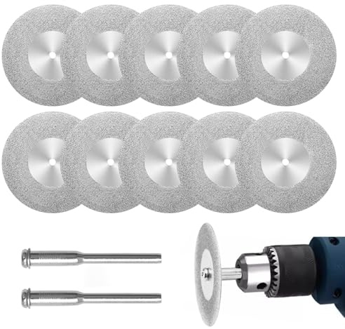 Lot de 10 Disques Diamant, 40mm Mini Disques à Tronçonner Perforés avec 2 Mandrins Disques à Tronçonner Découpe Outils Rotatifs pour Métal Verre Carrelage Céramique Bois Porcelaine Plastique Pierres
