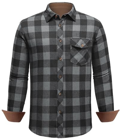 DEMEANOR Chemise en flanelle à manches longues pour homme - Chemise en flanelle à carreaux pour homme - Avec poche de poitrine, gris/noir, S