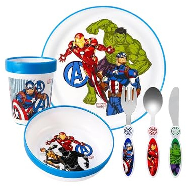 Avengers Service de table réutilisable 6 pièces pour enfants – assiette, bol, tasse, couteau, fourchette, cuillère – Vaisselle pour enfants