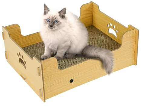 Heikoeco® Kratzpappe für Katzen Groß XXL Bett, Kratzlounge Katze Pappe Box，Katzen Kratzbrett Kratzmatte Katze aus Hochwertiger Wellpapier & Holz 38,5x30x15,5cm Geschenk für Katzenliebhaber