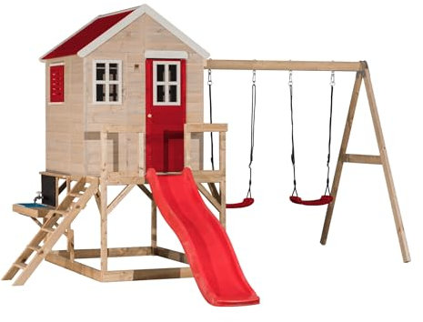 Wendi Toys M28-K Stelzenhaus mit Rutsche, Doppelschaukel, Spielküche aus FSC-Holz, Spielhaus Kinder Outdoor Garten mit Plattform 90 cm, Wasserhahn, Sandkasten, Zubehör, 330×405×242 cm