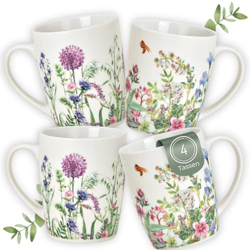 Juego de 4 tazas con diseño de flores primaverales - Hermosas tazas de café de porcelana en 300 ml para capuchino, café, té - tazas de café excepcionales aptas para lavavajillas y microondas como