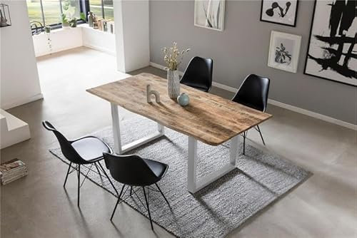 SAM 5 TLG. Essgruppe Norina | Esstisch 120x80 cm mit Baumkante | Mangoholz massiv + raue Oberfläche | U-Gestell Silber | 4X Schalenstuhl Lerche Schwarz