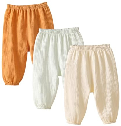 ACMEDE Set di 3 pantaloni casual estivi in lino per bambine 3 mesi - 3 anni, pantaloni in garza di cotone per bambine - Baby-Pumphose - pantaloni a sbuffo in filato di cotone - pantaloni da jogging a