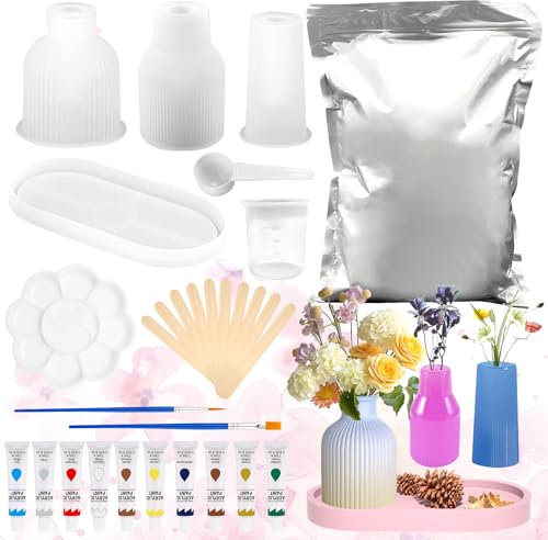 NlsqEU Gießpulver Starterset, Keramik Gießpulver 1KG, 4 Silikonformen Gießformen mit Gießpulver, Bastelbeton zum Gießen, DIY Blumenvase Silikonformen