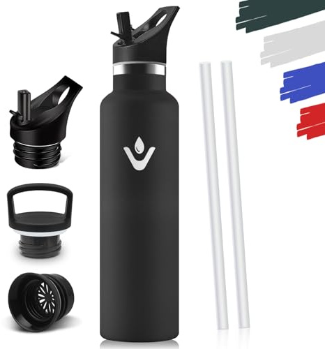 Botella Termica 1 Litro, Termo Sin BPA, Cantimplora Acero Inoxidable, Aislamiento Al Vacío de Doble Pared, Botella Agua Gimnasio, Cantimplora Termica para Adultos, Deporte, Oficina - Negro