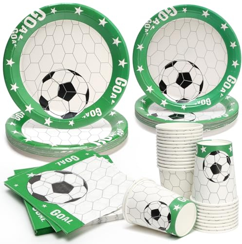 PARTY GO 96 piezas de porcelana verde de fútbol para fiesta, cubiertos de papel, tazas y servilletas, porcelana desechable, accesorios de fiesta para cumpleaños, decoraciones verdes de la Copa Mundial