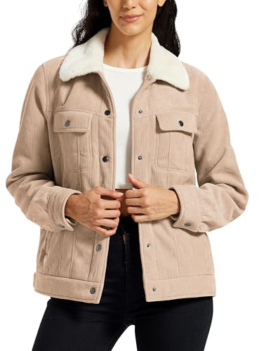 MoFiz Giacca da Donna in pile Giubbotto Invernale Corduroy con Bottoni Maniche lunghe Giacche casual alla moda con 4 tasche Cachi Taglia EU XL