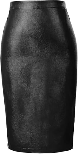 Belle Poque Damen Bleistiftrock Hohe Taille Midirock Knielang Lederrock Wickelrock Lässiger Büro Arbeit Schwarz XL