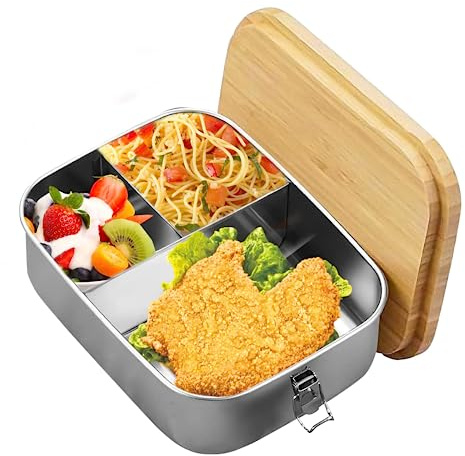 Tefola Fiambrera de acero inoxidable con tapa de madera, 1200 ml, caja bento de acero inoxidable con tapa de bambú natural, fiambrera con 3 compartimentos, fiambrera con cubiertos tenedor y cuchara