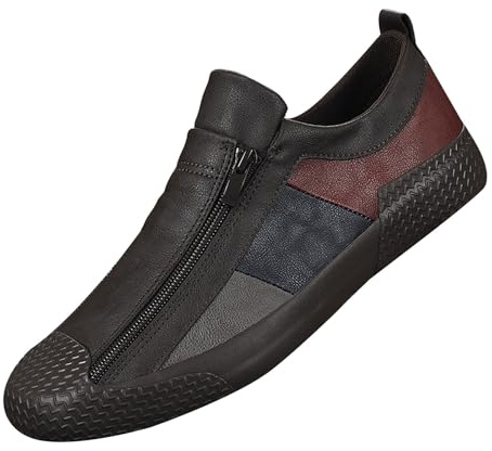 Chaussures pour hommes Patchwork Chaussures en cuir Toile Chaussures plates Pieds larges Chaussures de course avec fermeture éclair Chaussures pieds nus avec dessus en cuir Semelle souple Mocassins