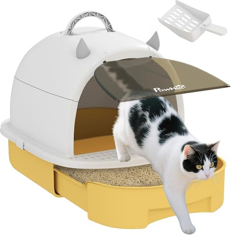 PawHut Maison de Toilette pour Chat, bac à litière fermé Chat, 2 Packs de filtres au Charbon poignée de Transport Porte translucide Nettoyage Facile Jaune