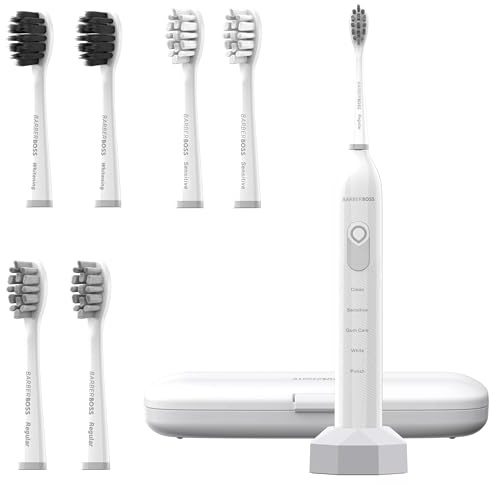 BarberBoss Wiederaufladbare Schallzahnbürste für Erwachsene, 5 Putzmodi, Elektrische Zahnbürste, Drucksensor, 6 Bürstenköpfe, 60-Tage-Akku, Smart Timer & Reiseetui