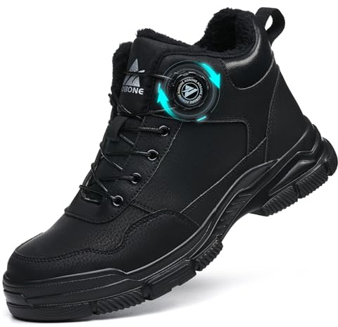 AOACOEBN Winter Sicherheitsschuhe Herren Damen Arbeitsschuhe Wasserdicht Sicherheitsstiefel Leicht rutschfeste Stahlkappenschuhe Warm Gefüttert Arbeitsstiefel mit Drehknopf，Schwarz，44 EU