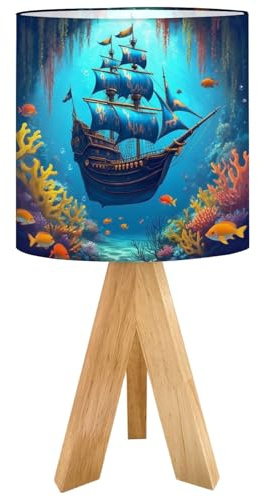 RAINFALLARING Tripod Table Lamp Teal Sail Sunken Ship Art Ocean Scene Bedside Lamps Small Lamp Nightstand Lamp with Linen Lampshade Table Lamps for Bedroom Livingroom Nursery