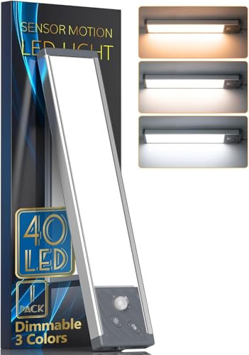 HIBOITEC 40LED Schrankbeleuchtung 3 Farben Schranklicht mit Bewegungsmelder | Dimmbar Unterbauleuchte Küche, USB Wiederaufladbar Unterbauleuchte Küche Akku für Schlafzimmer, Babyzimmer, Werkstatt, Keller