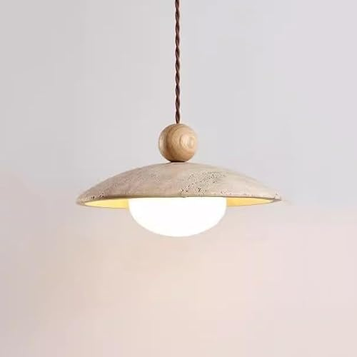 COSRUB Lampada a Sospensione in Pietra Giapponese, Lampadario Sospeso in Vetro Bianco con Travertino Giallo Nordico per Camera o Soggiorno Lampadario(Wood,4000K)
