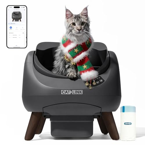 CATLINK Självrengörande kattlåda, automatisk kattlåda med öppen topp, 5 GHz-anslutning, stor kapacitet 12 L, för alla typer av kattlådor, perfekt för flerkattfamiljer (mörkgrå)