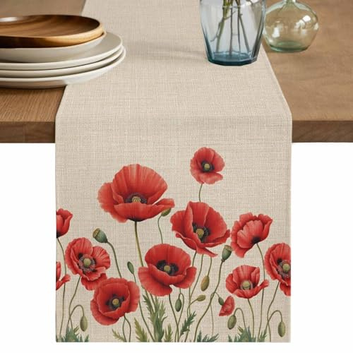 Flowers Table Runner 108 Inches Long Red Opium Poppy Flowers Vintage Linen Coffee Table Runner Retro Rustic Style Kitchen Dining Table Decoration for Indoor Outdoor Home Party Holiday 13 x 108 Inch