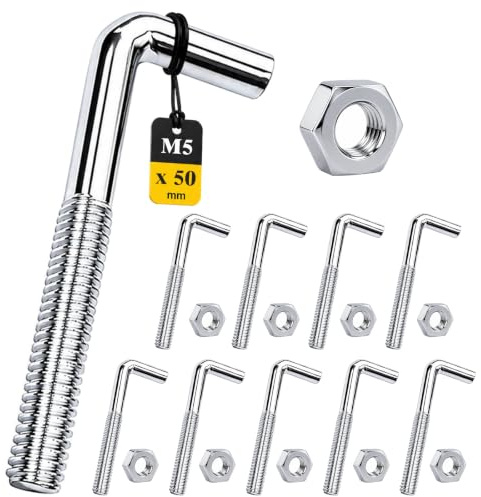 MejaRizon 10 Stück M5-50 mm L-Haken mit Gewinde, Hakenschrauben mit Muttern, Verzinkter Kohlenstoffstahl, Schraubhaken Gerade mit Schlitz Geeignet für Objekte mit Innengewinde