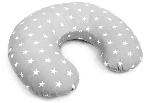 Babymam Breast Feeding Pillow Nursing Pregnancy Baby Cushion and Removable Cotton Cover Small White Stars with Grey