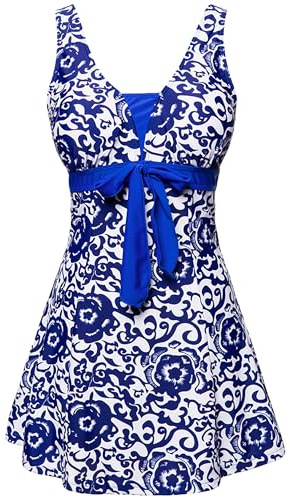 Wantdo - Traje de baño para Mujer, 1 Pieza, para Adelgazar, con Cuello en V, con Cuello en V, para Vestir, Estilo Tankini Floral, Push up, Talla Grande, Porcelana Azul, 52-54