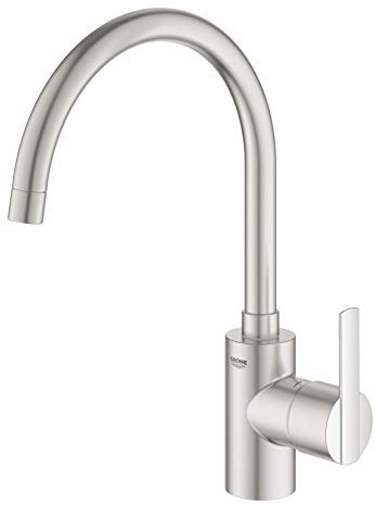 GROHE Feel - Einhand Spültischarmatur (C-Auslauf, Schwenkbereich wählbar: 0° / 150°, hoher Auslauf), supersteel, ‎32670DC2