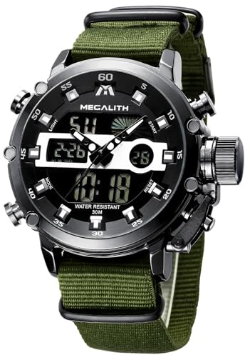 MEGALITH Montre Homme Digitale Sport: Militaire Vert Etanche 30M Affichage LED Chronomètre Alarme - Montres Bracelet Nylon pour Outdoor et Loisirs