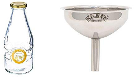 Kilner Glass Milk Bottle with Twist Top Lid, 1 Pint/568 ml & Stainless Steel Straining Funnel, Silver