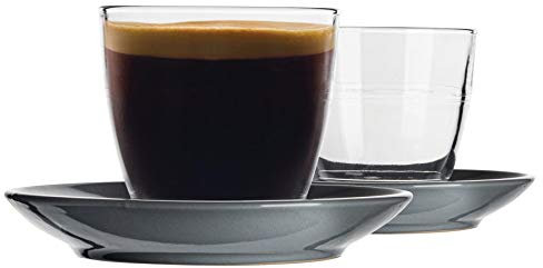 Duralex 12 Piece Gigogne Glass Coffee Cup and Ceramic Saucer Set - Modern Style Tumbler Mug for Latte Cappuccino - Grey - 220ml