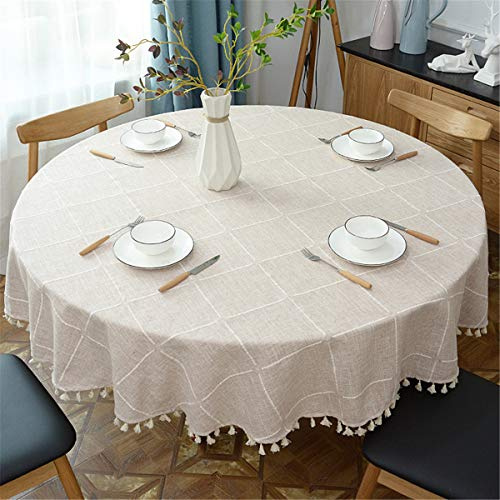 Runde Quaste Plaid Tischdecke, Heavy Weight Baumwolle Leinen Stoff Tischdecke für Küche, Essen, Tischdekoration, Beige, 160 cm Rund