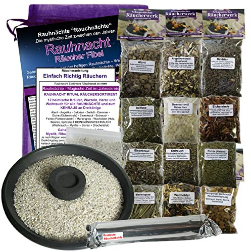RAUHNÄCHTE Räucherset 19-TLG Rauhnacht Ritual Set mit BEIFUSS, Weißer Salbei, WEIHRAUCH, MYRRHE UVM. 12x Räucherwerk + RÄUCHERSCHALE + Rauhnachtfibel + ZUBEHÖR. 81RWR-S12