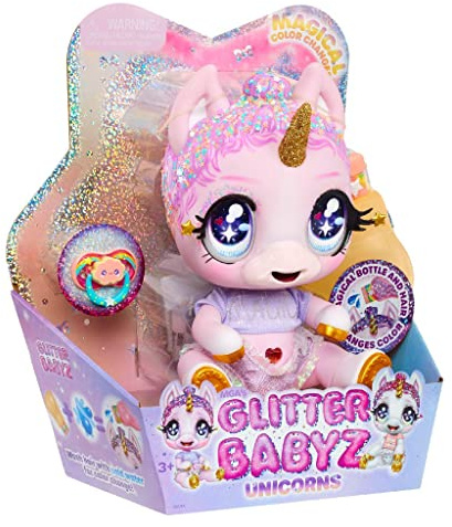 Glitter Babyz MGA Einhorn Baby-Puppe - Jewels Daydreamer - Mit magischen Farbwechseln, Lavendel Glitter Haar, Magic Outfit, Windel, Shampoo Flasche & Schnuller - Für Kinder ab 3 Jahren