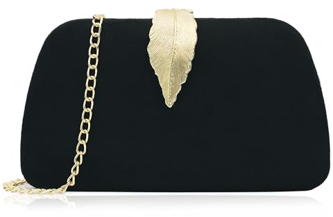Milisante Clutch da donna, elegante pochette catena borsa da sera borsa per velluto con fibbia a foglia chiusura borsa da sposa (Nero)
