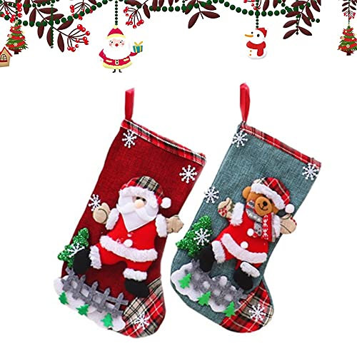 Zillary 2 Stück Weihnachtsstrumpf, Weihnachtsstrumpf Set, Nikolausstiefel Socken, Weihnachtsstrumpf Geschenktüte, für Kinder Familien Weihnachtsfeier Dekorieren (Weihnachtsmann und Kleiner Bär)（A