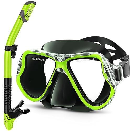 Greatever Dry Snorkel Set,Panoramic Wide View Anti-Fog Scuba Diving Mask,Professional Snorkeling Gear for Adults Kids