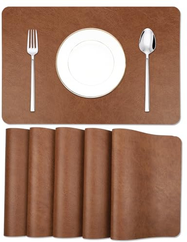 EDanle Cowhide Pattern Faux Leather Placemats Set of 6,Heat Resistant Non-Slip Waterproof Wipeable Washable Kitchen Dining PU Table Place Mats,Double-Sides Available,Dark Coffee