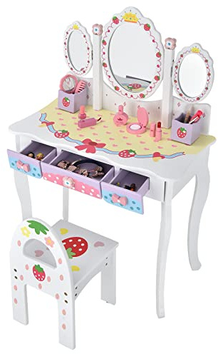 LIFEZEAL Toeletta con Sgabello per Bambina 3+ Anni, Tavolo da Trucco, Set di Vanity, Postazione Trucco, Mobile Specchiera, 3 Specchi Pieghevoli e Rimovibili, 3 Cassetti, per Cameretta, Legno (bianco)