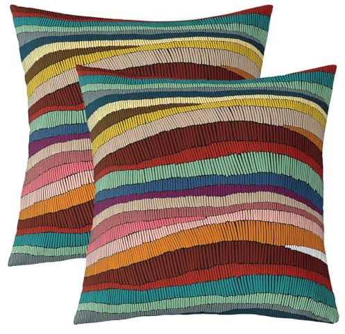 Erosebridal Set of 2 Boho Throw Pillow Covers 22x22 Bohemian Wavy Pillow Covers Rainbow Embroidered Waves Cushion Covers Geometric Tribal Ethnic Colorful Abstract Decorative Pillow Covers for Adult
