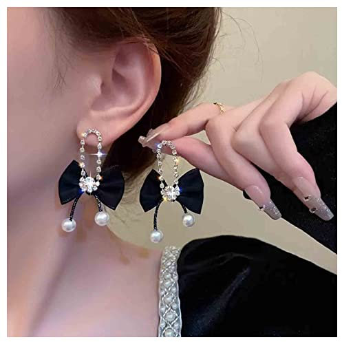 Allereya Vintage Schwarzes Band Bogen Baumeln Ohrringe Kristall Fliege Tropfen Ohrringe Strass Perle Ohrringe Schwarz Cz Bowkont Ohrstecker Schmuck Für Frauen Und Mädchen