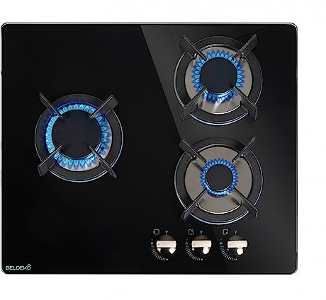 BELDEKO - Plaque de cuisson Gaz verre noir 3 zones - 5250 W - Gaz ville et bouteille - Grilles en fonte