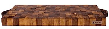 Sallys Premium Hartblock Küchenschneidebrett mit Büffelledergriffen - Hochwertiges und robustes Design - hochwertige Messingschrauben, geölt aus Stirnholz (Kambalaholz)