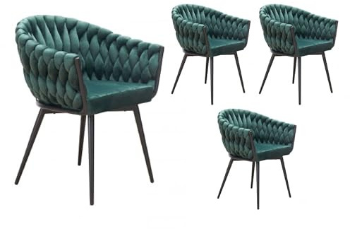 LC Home Esszimmerstuhl Remy Flechtoptik Samt Akzent Stuhl Landscape Armlehnstuhl Weavy Lounge Stuhl Designerstuhl (Grün, 4er Set)