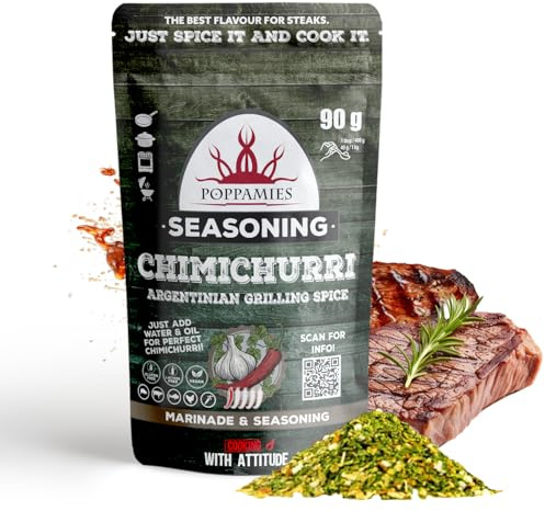 Poppamies Sazonador Chimichurri BBQ, Marinado seco y condimento BBQ Perfecto para Pescado, Verduras, Pollo, Cerdo y Carne de Res - Paquete Grande (90g)