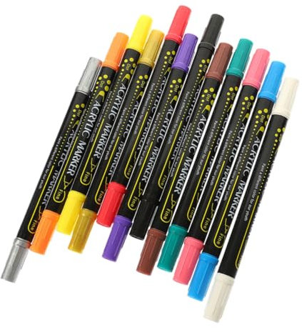 STOBOK 12pcs Dual-tip Acrylic Paint Markers Set, 12 Vibrant Colors, Multi-surface Paint Pens for Scrapbooking, Diy Crafts, Stone, Glass, Wood, Canvas Painting, Suitable for Artists and Hobbyists