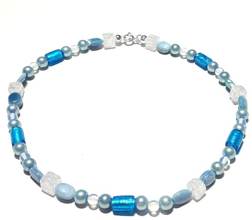 Blauopal Opal Bergkristall Perlen Edelstein Kette Halskette Collier