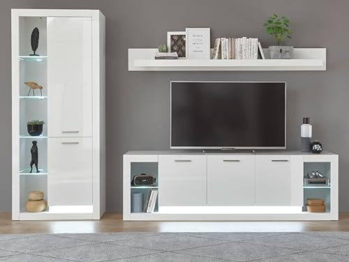 Furn.Design Wohnwand in weiß Hochglanz Schrankwand Set mit Vitrine, TV-Lowboard und Wandboard 298 x 198 cm Ladis (Set 1)