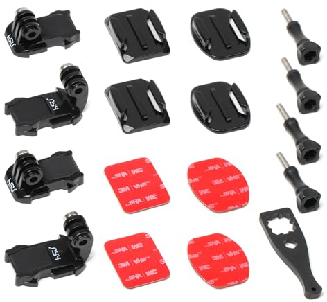 HSU Helmhalterungen für GoPro Insta 360 DJI Osmo Action-Kameras (12 in 1) | Schnellverschlussclips, Flache und Gebogene Klebehalterungen mit 3M-Klebeplatten, Schrauben, Zubehör-Set für Action-Kameras